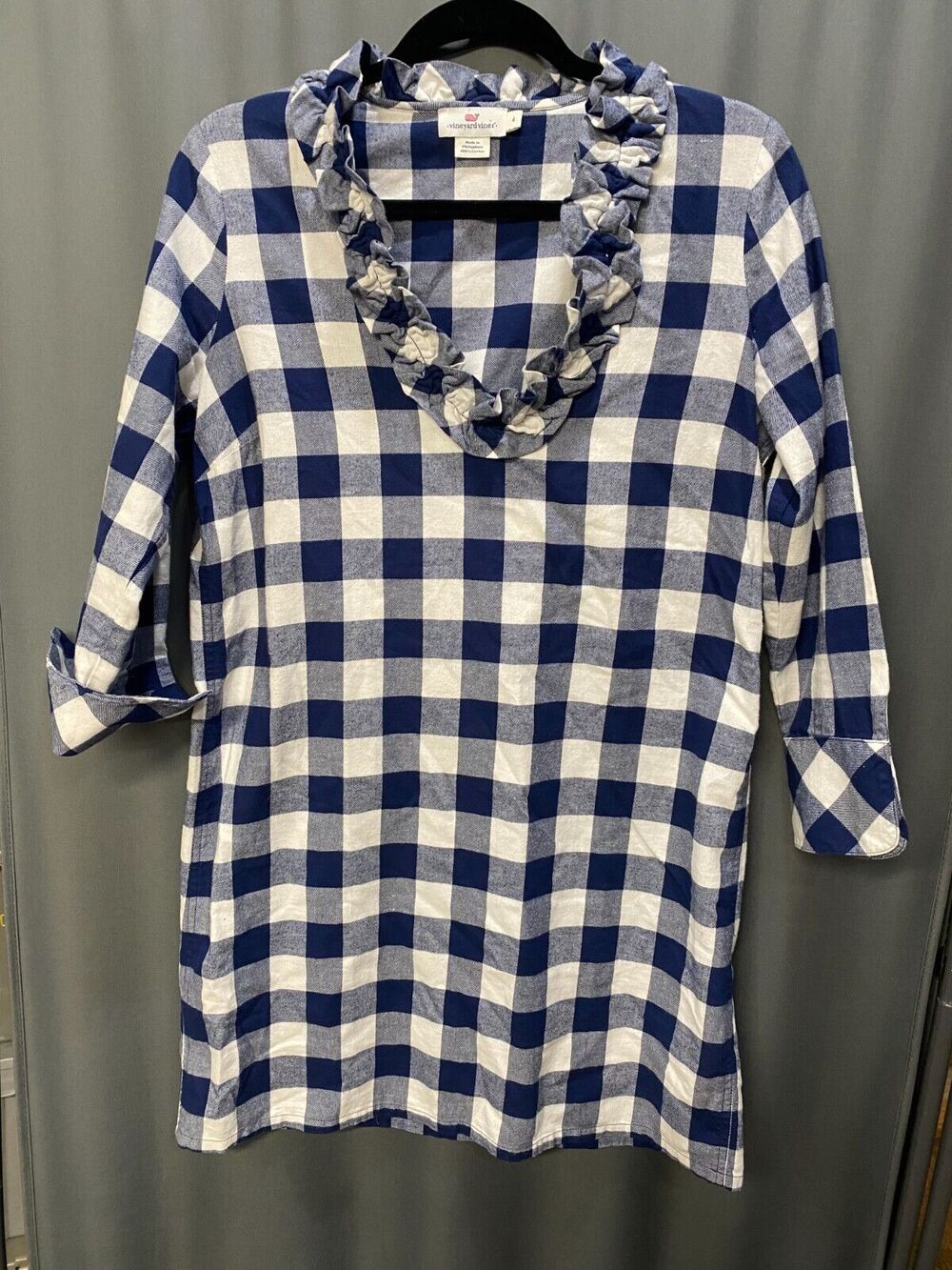 Vineyard Vines Ruffle Shift Dress Women's 4 Blue Gingham 3/4 Sleeve Cotton A01